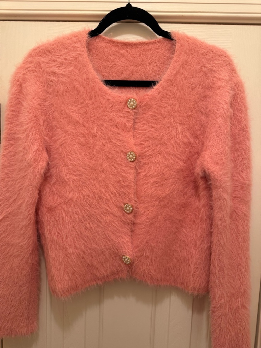 Fuzzy Coral Pink Cardigan with Pearl Buttons